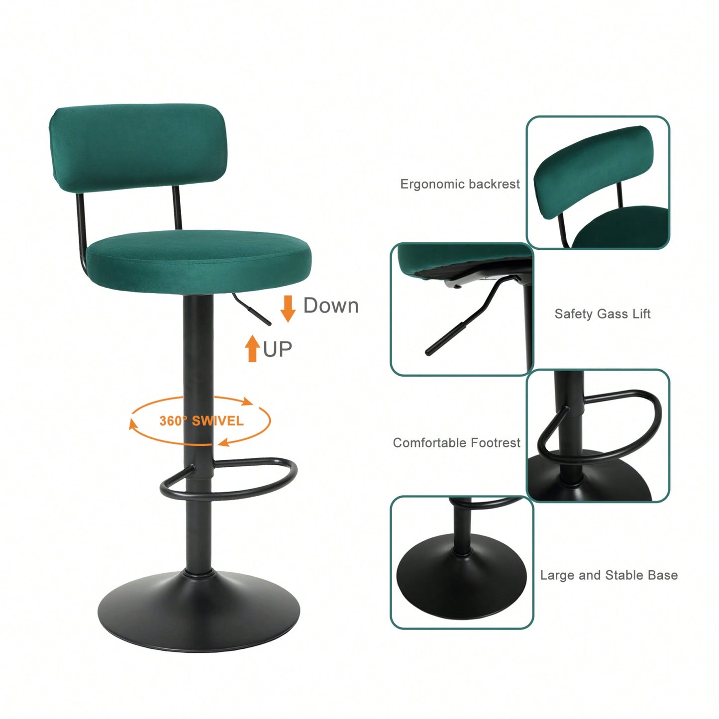 Modern Bar Stools Set Of 2, Upholstered Counter Height Bar Stools,Adjustable Bar Stool 24.5-30.5", Swivel Counter Stools For Kitchen Home