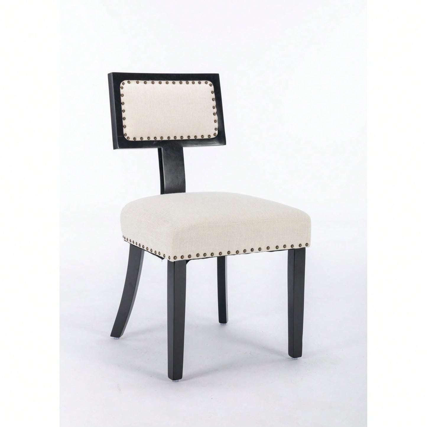 Set of 2 Linen Upholstered T-Back Dining Chairs with Rivet Detail and Adjustable Foot Pads for Comfort and Style