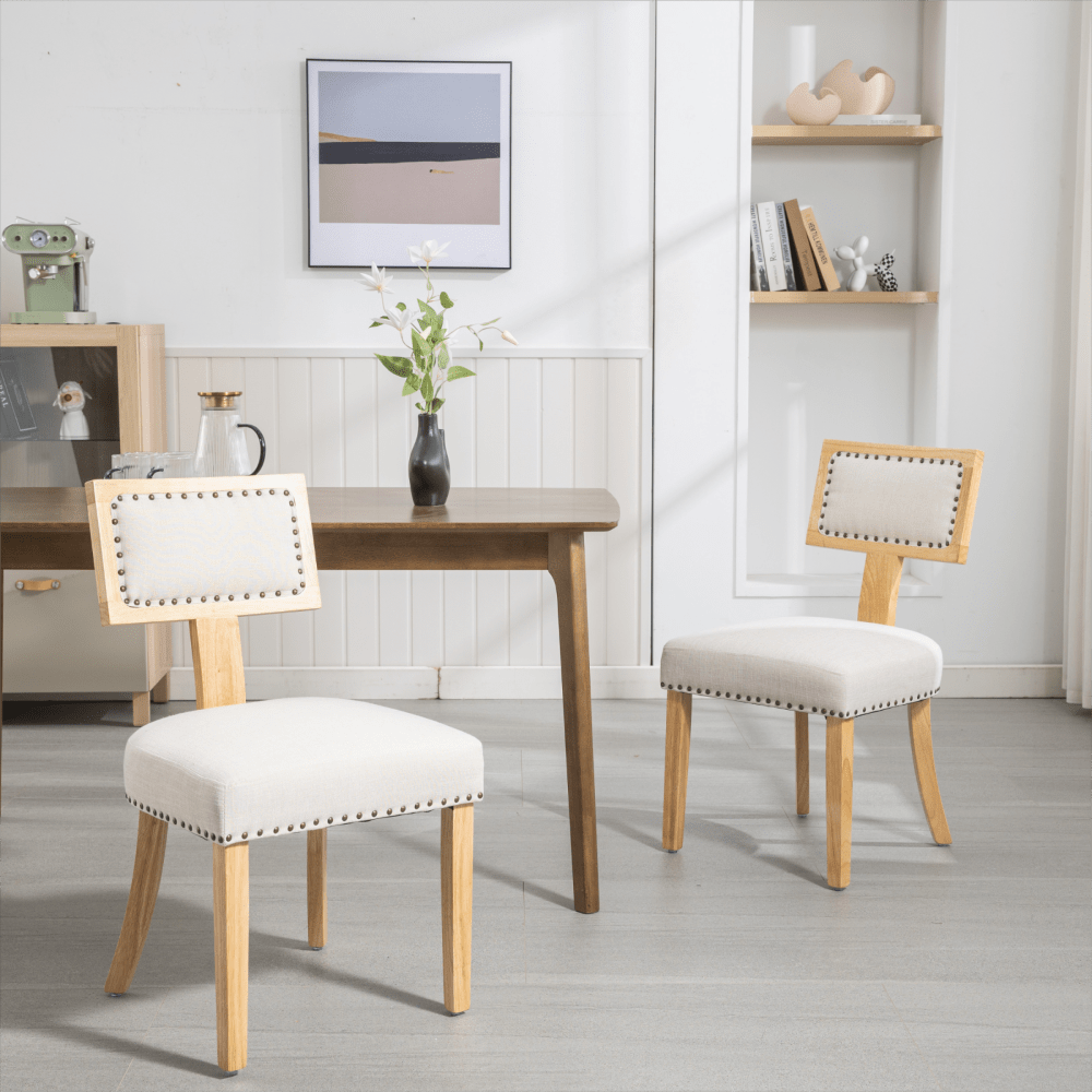 Set of 2 Linen Upholstered T-Back Dining Chairs with Rivet Detail and Adjustable Foot Pads for Comfort and Style