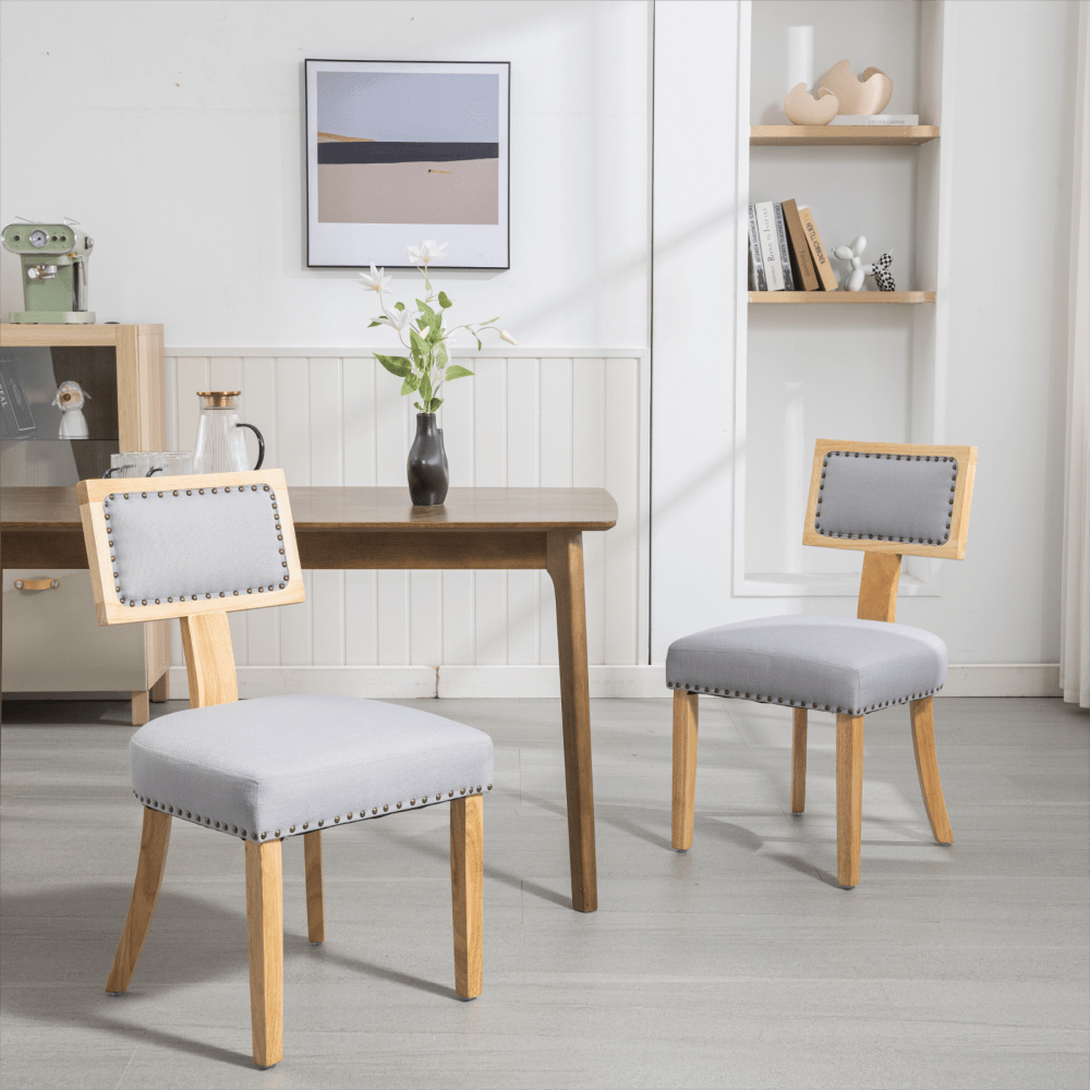 Set of 2 Linen Upholstered T-Back Dining Chairs with Rivet Detail and Adjustable Foot Pads for Comfort and Style