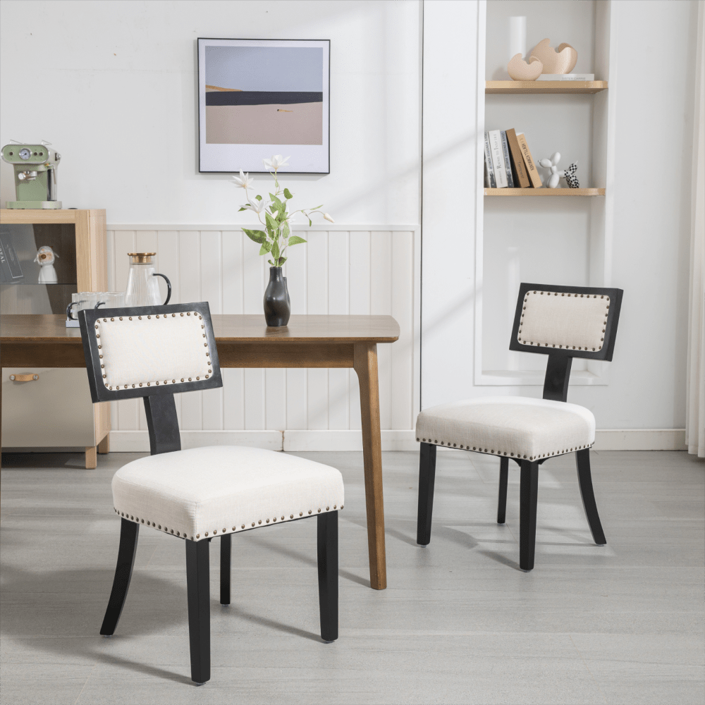 Set of 2 Linen Upholstered T-Back Dining Chairs with Rivet Detail and Adjustable Foot Pads for Comfort and Style