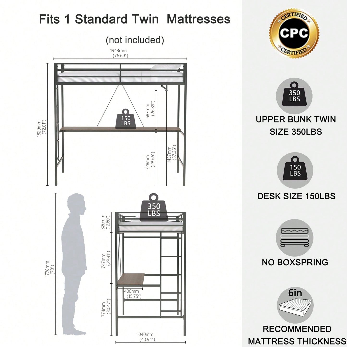 Twin Loft Bunk Bed With Desk And Closet Rod, Black