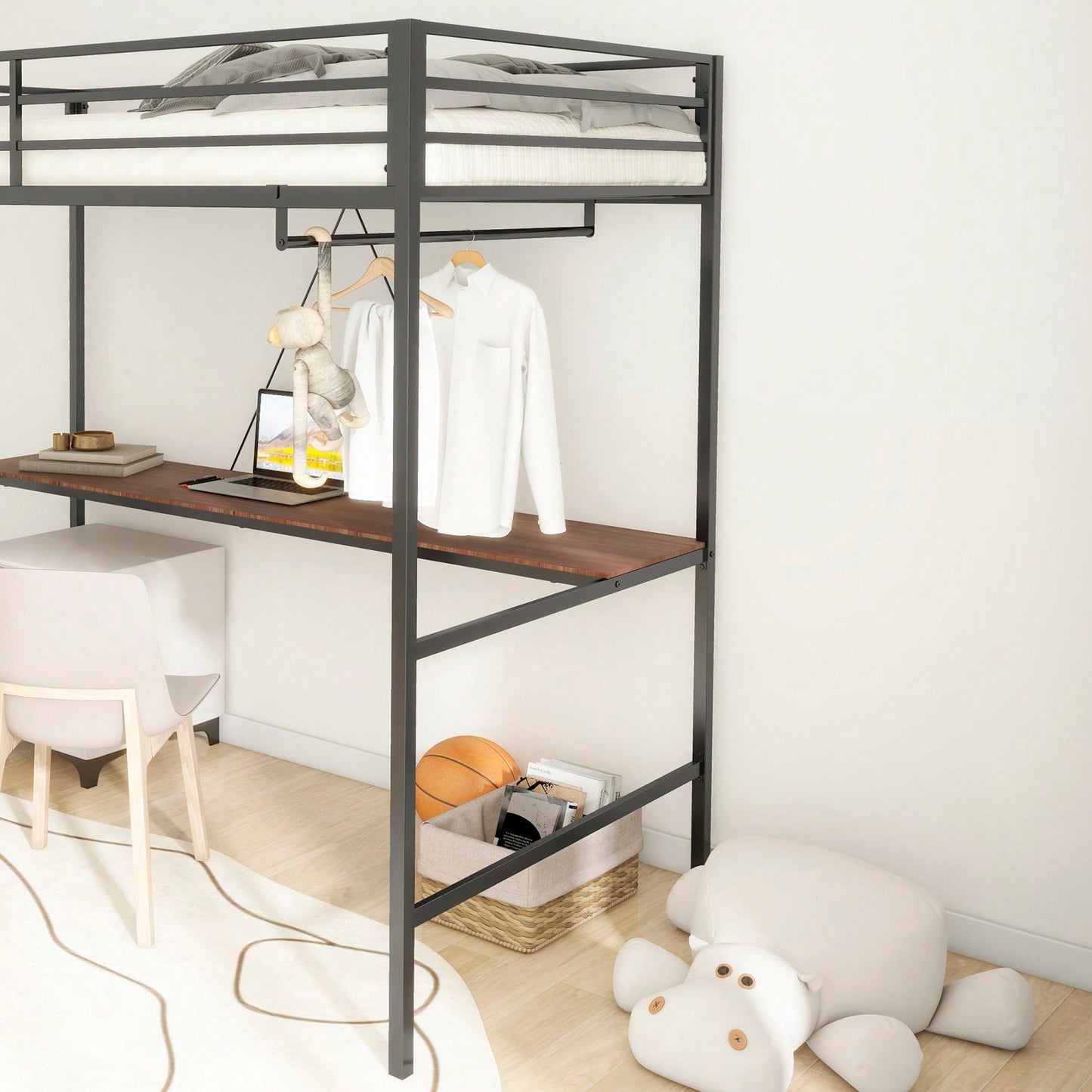 Twin Loft Bunk Bed With Desk And Closet Rod, Black