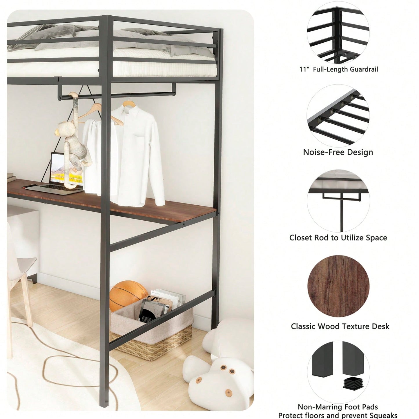 Twin Loft Bunk Bed With Desk And Closet Rod, Black