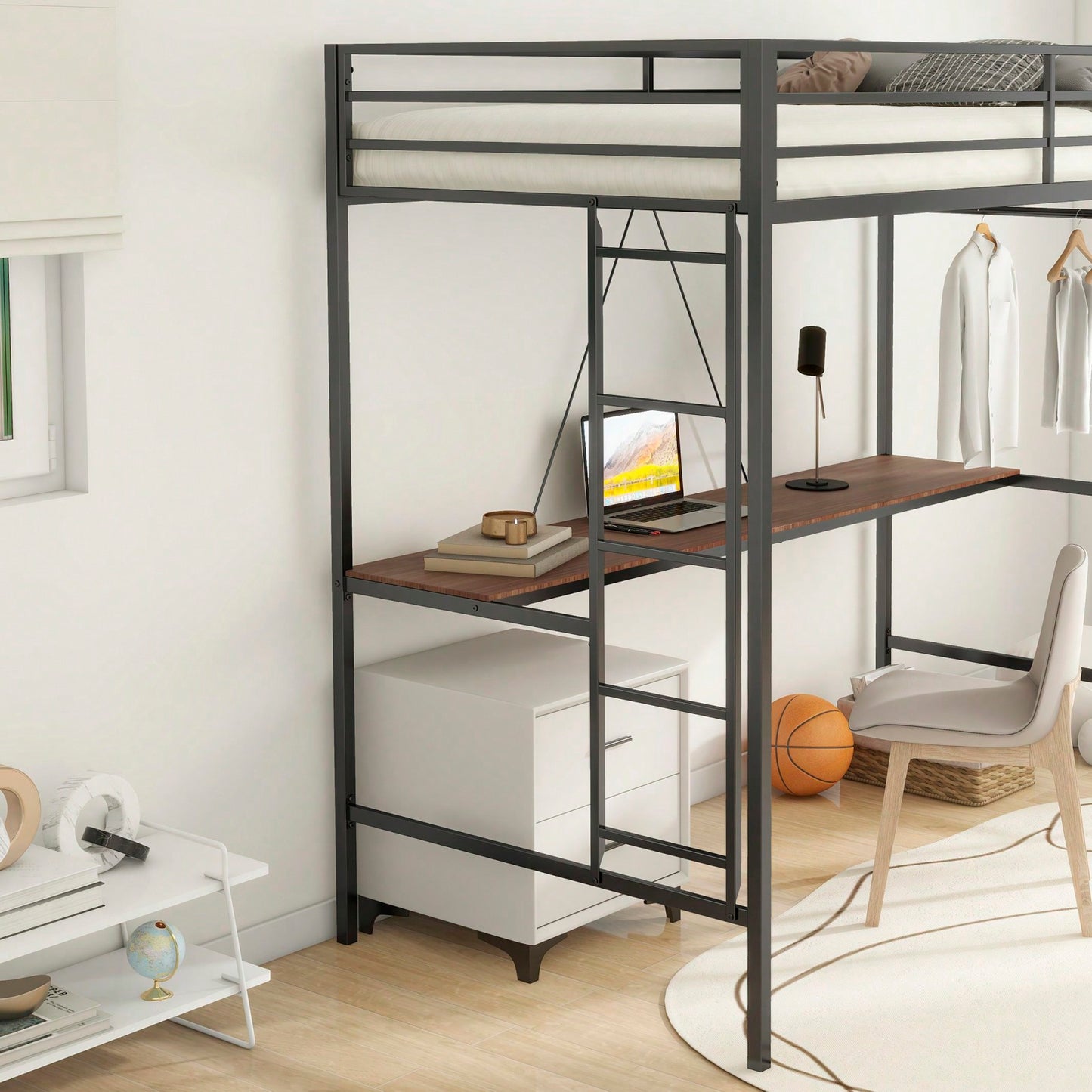 Twin Loft Bunk Bed With Desk And Closet Rod, Black