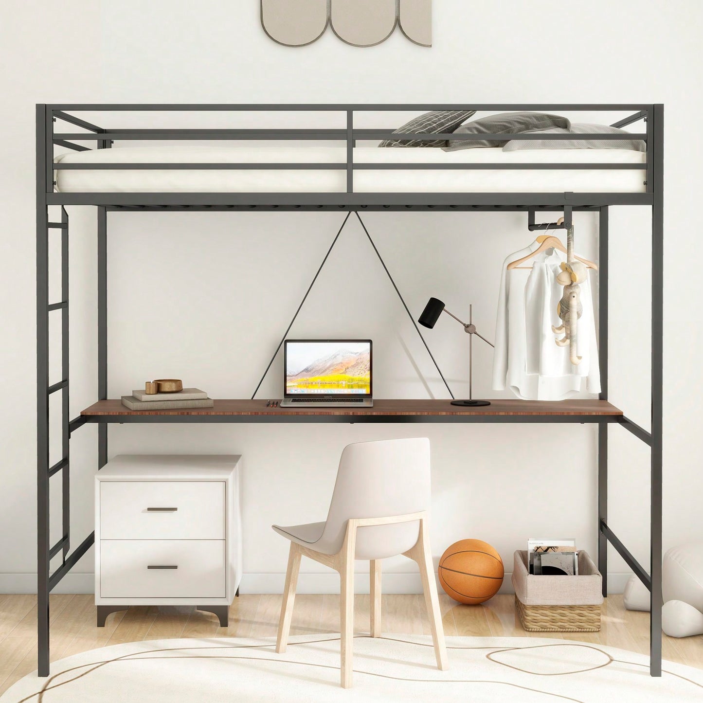 Twin Loft Bunk Bed With Desk And Closet Rod, Black