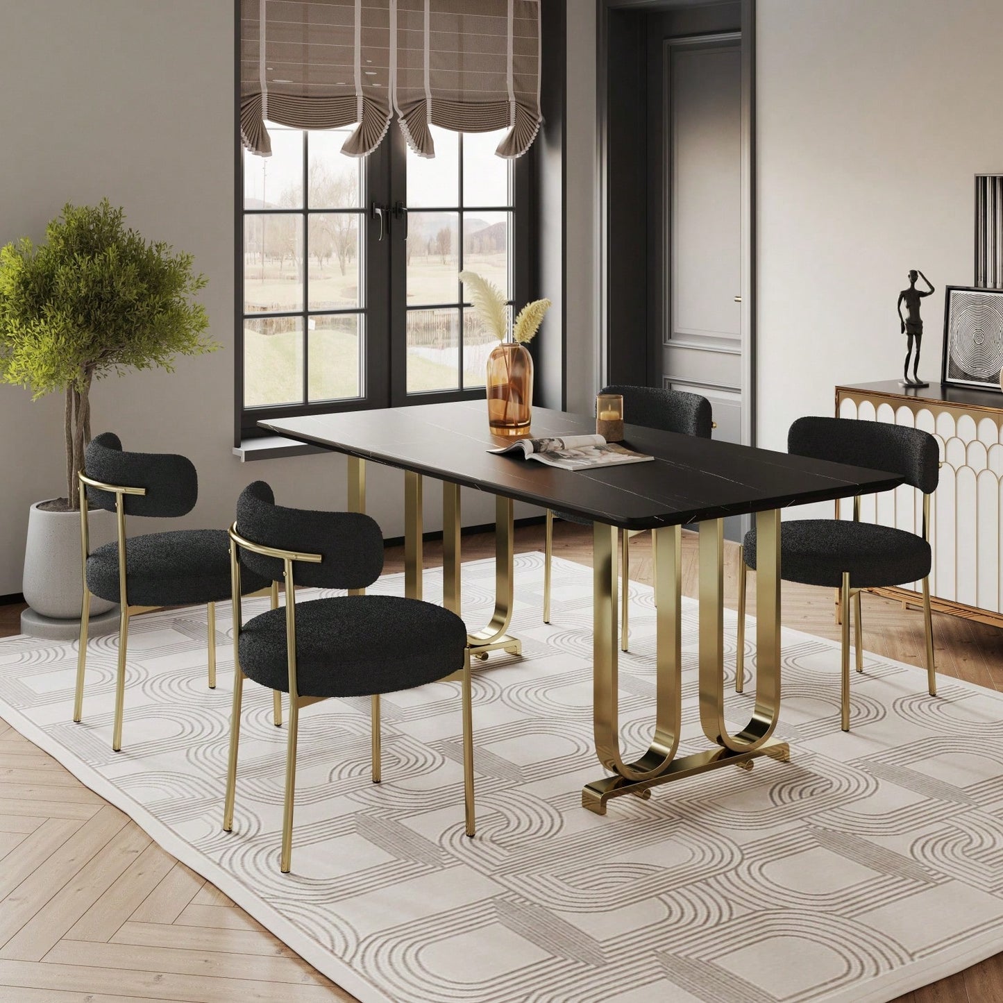 Mid-Century Modern Upholstered Boucle Dining Chairs Set of 2 with Ergonomic Backrest Thick Cushions and Brass Legs