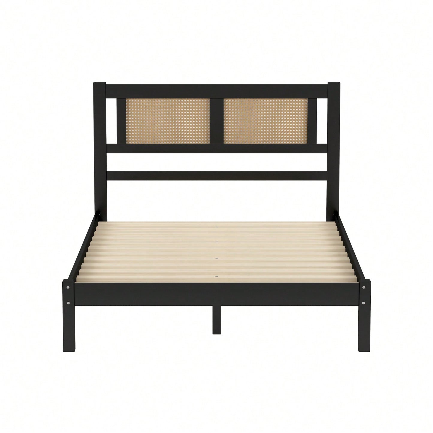 Wooden Platform Bed With Rattan Headboard, Exquisite Elegance With Minimalist Charm For Bedroom