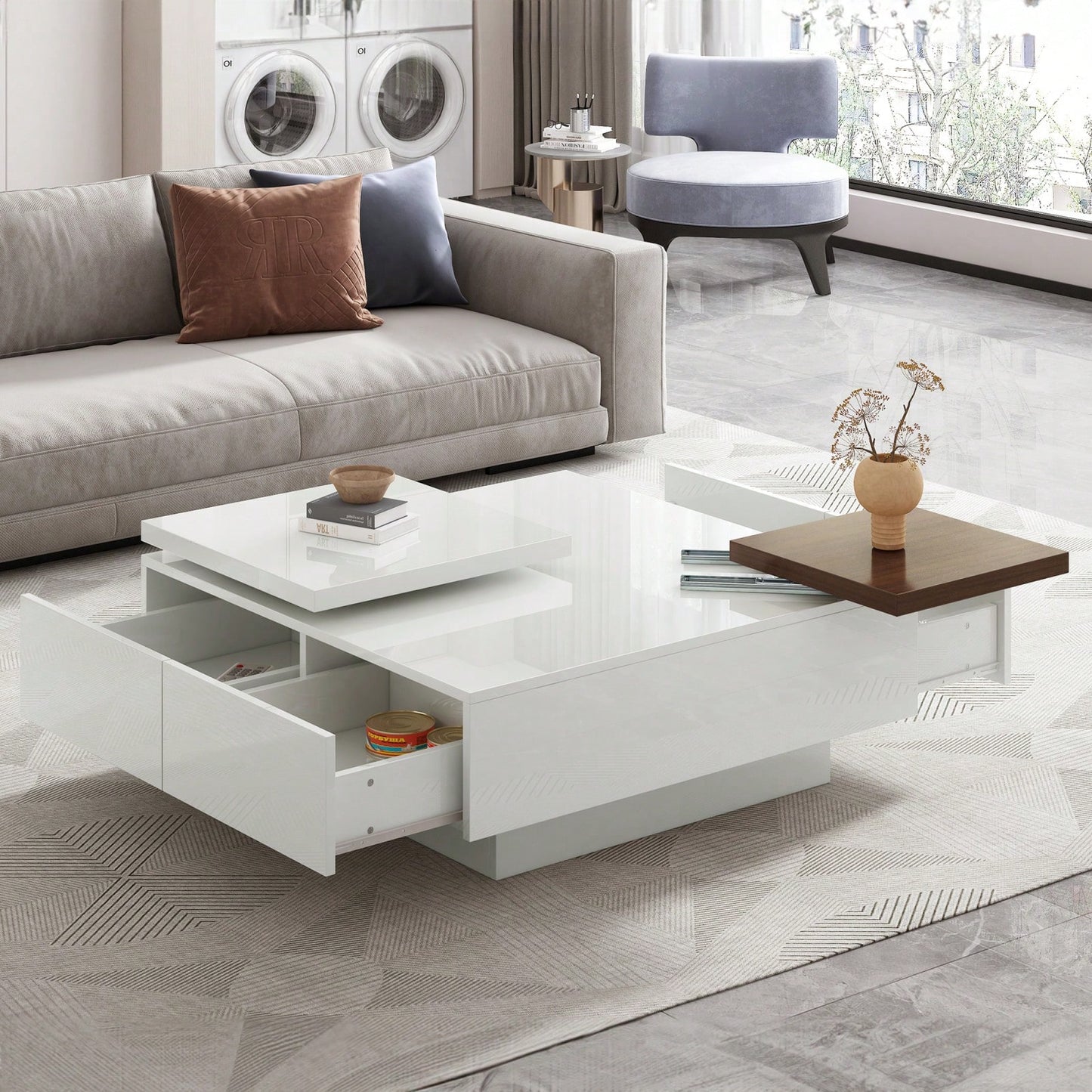 Modern Square Coffee Table With Movable Top & Storage - High Gloss Finish, 4 Drawers, Versatile Design For Living Room, Easy Assembly