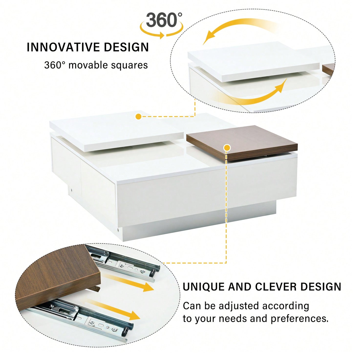 Modern Square Coffee Table With Movable Top & Storage - High Gloss Finish, 4 Drawers, Versatile Design For Living Room, Easy Assembly