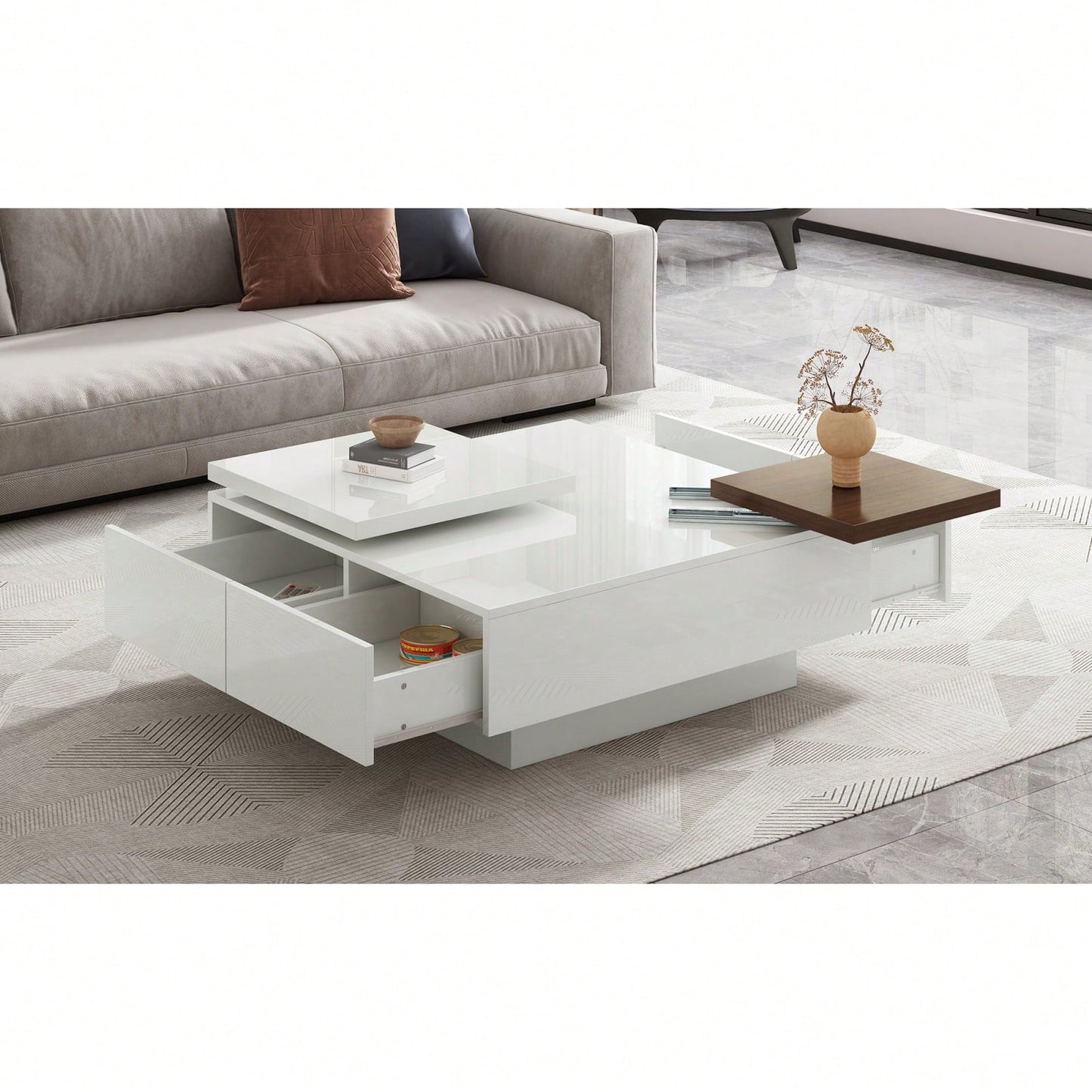Modern Square Coffee Table With Movable Top & Storage - High Gloss Finish, 4 Drawers, Versatile Design For Living Room, Easy Assembly