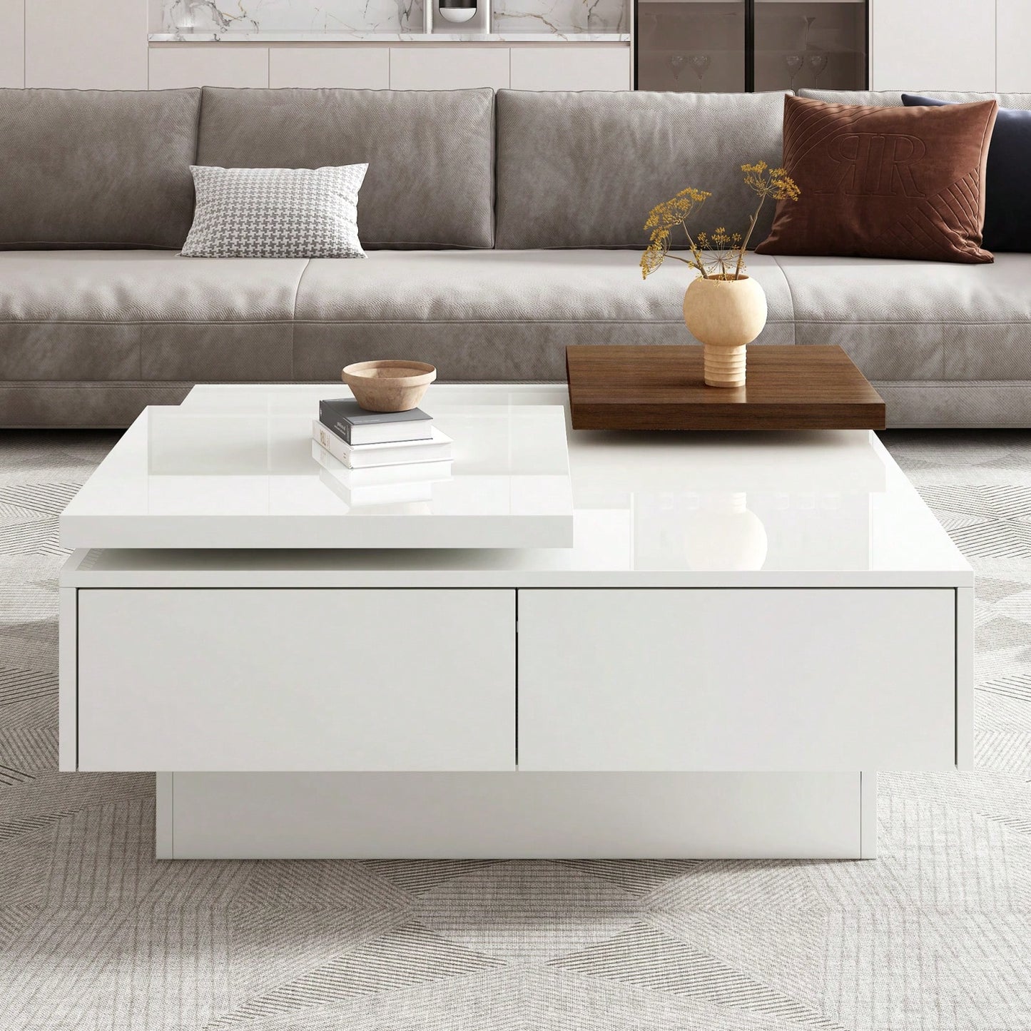 Modern Square Coffee Table With Movable Top & Storage - High Gloss Finish, 4 Drawers, Versatile Design For Living Room, Easy Assembly