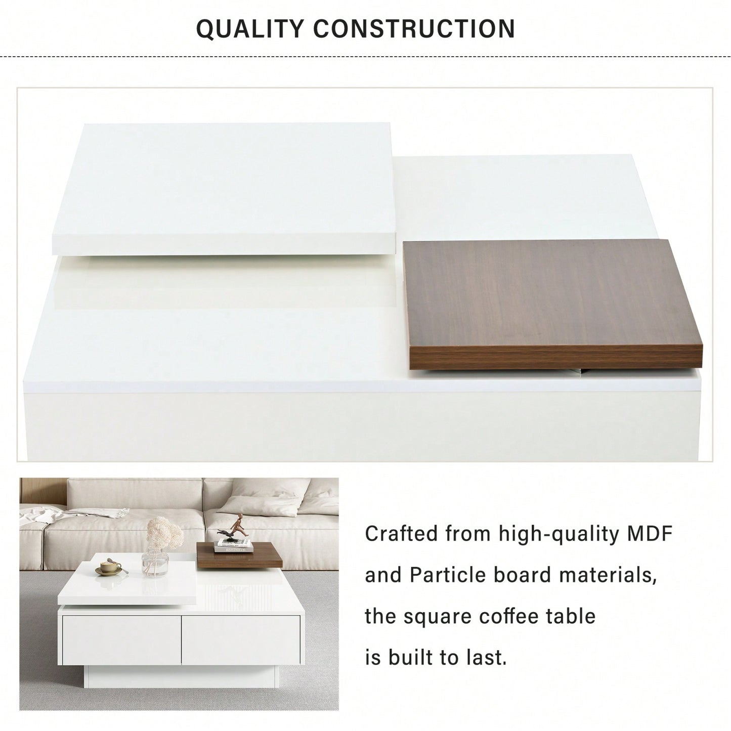 Modern Square Coffee Table With Movable Top & Storage - High Gloss Finish, 4 Drawers, Versatile Design For Living Room, Easy Assembly