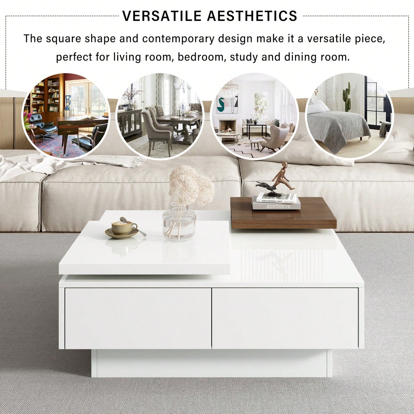 Modern Square Coffee Table With Movable Top & Storage - High Gloss Finish, 4 Drawers, Versatile Design For Living Room, Easy Assembly