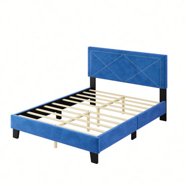 Queen Size Platform Bed Frame With Upholstered Velvet Headboard And Wooden Slat Support, No Box Spring Needed, Easy Assembly