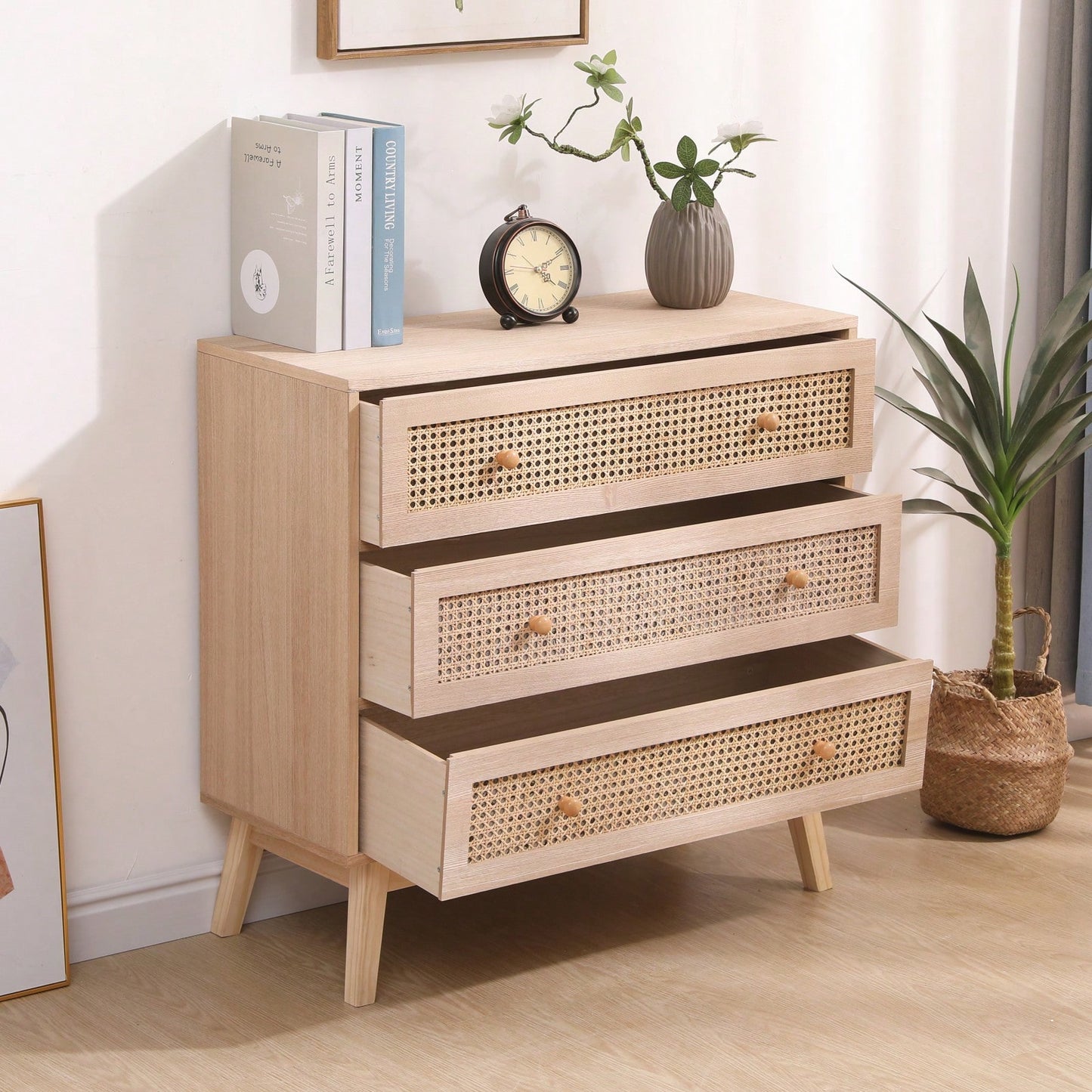 31.5 Inch Rattan Storage Cabinet with 3 Drawers Stylish Wood Accent Table for Bedroom Living Room Hallway