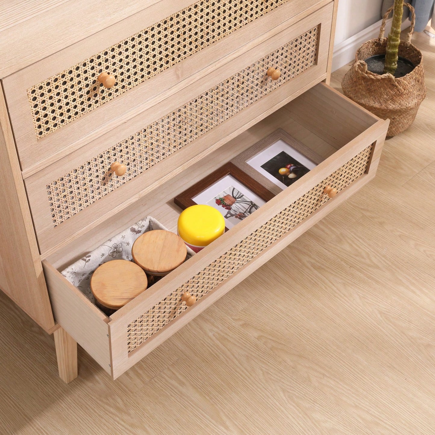31.5 Inch Rattan Storage Cabinet with 3 Drawers Stylish Wood Accent Table for Bedroom Living Room Hallway