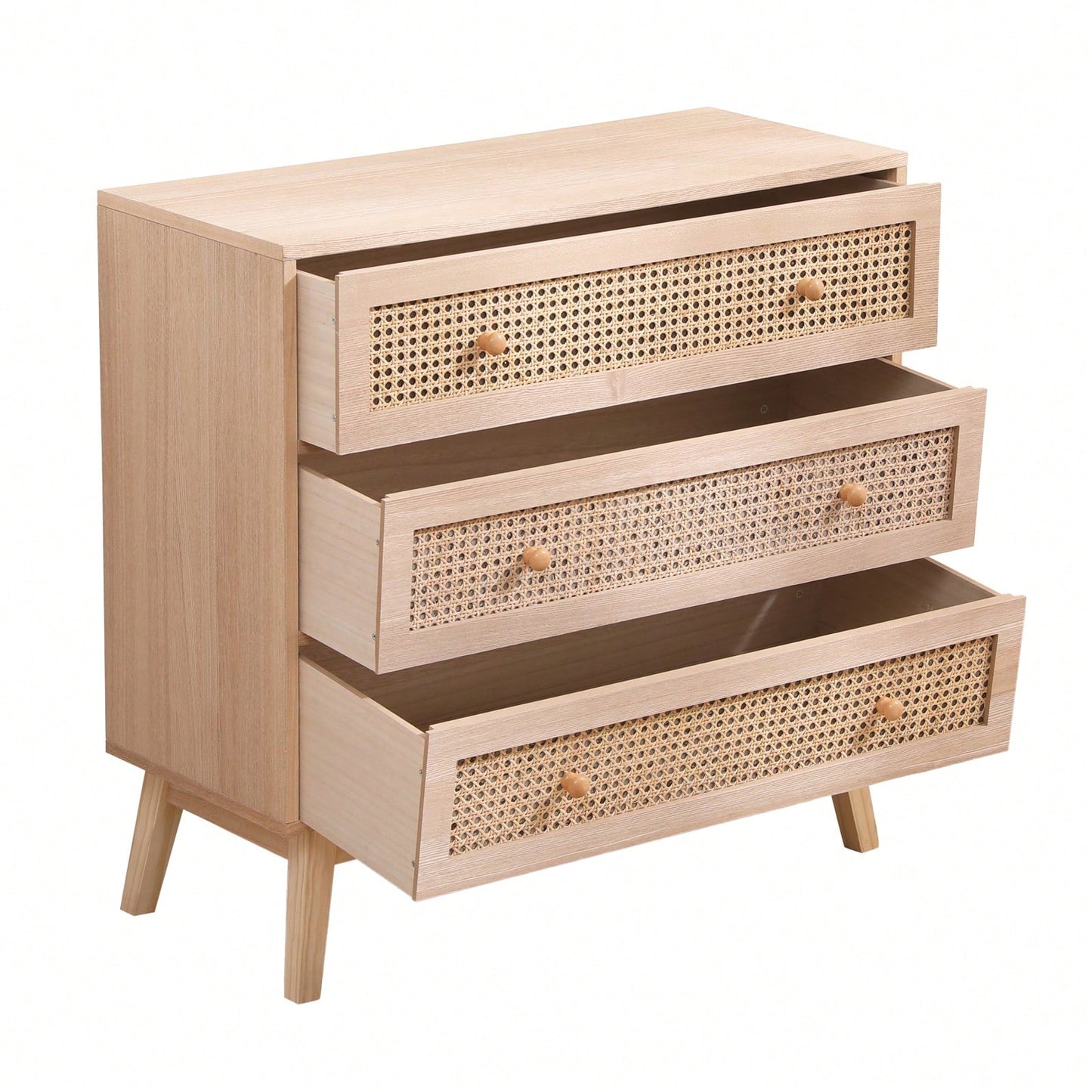 31.5 Inch Rattan Storage Cabinet with 3 Drawers Stylish Wood Accent Table for Bedroom Living Room Hallway