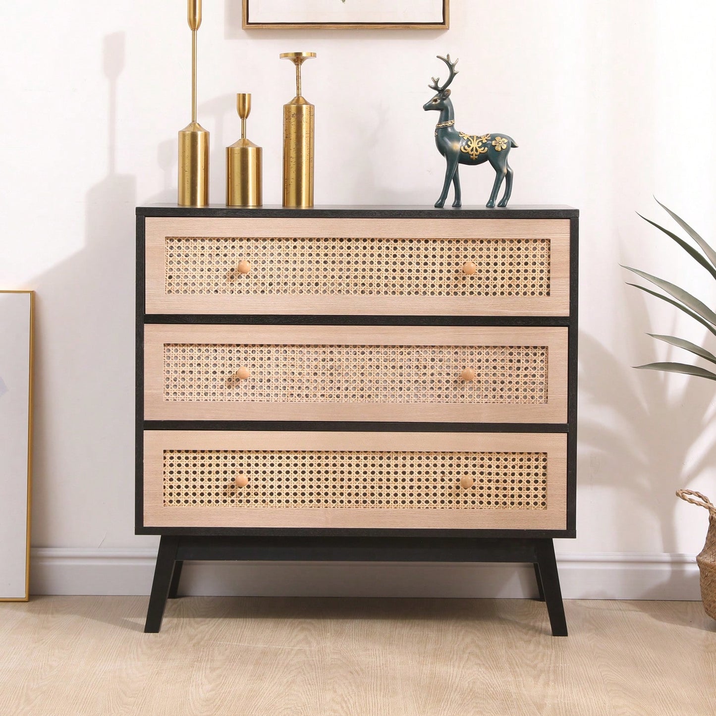 31.5 Inch Rattan Storage Cabinet with 3 Drawers Stylish Wood Accent Table for Bedroom Living Room Hallway
