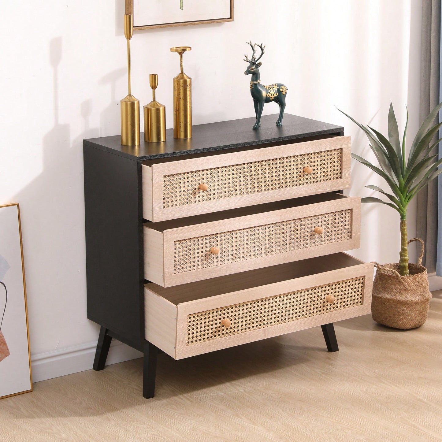 31.5 Inch Rattan Storage Cabinet with 3 Drawers Stylish Wood Accent Table for Bedroom Living Room Hallway