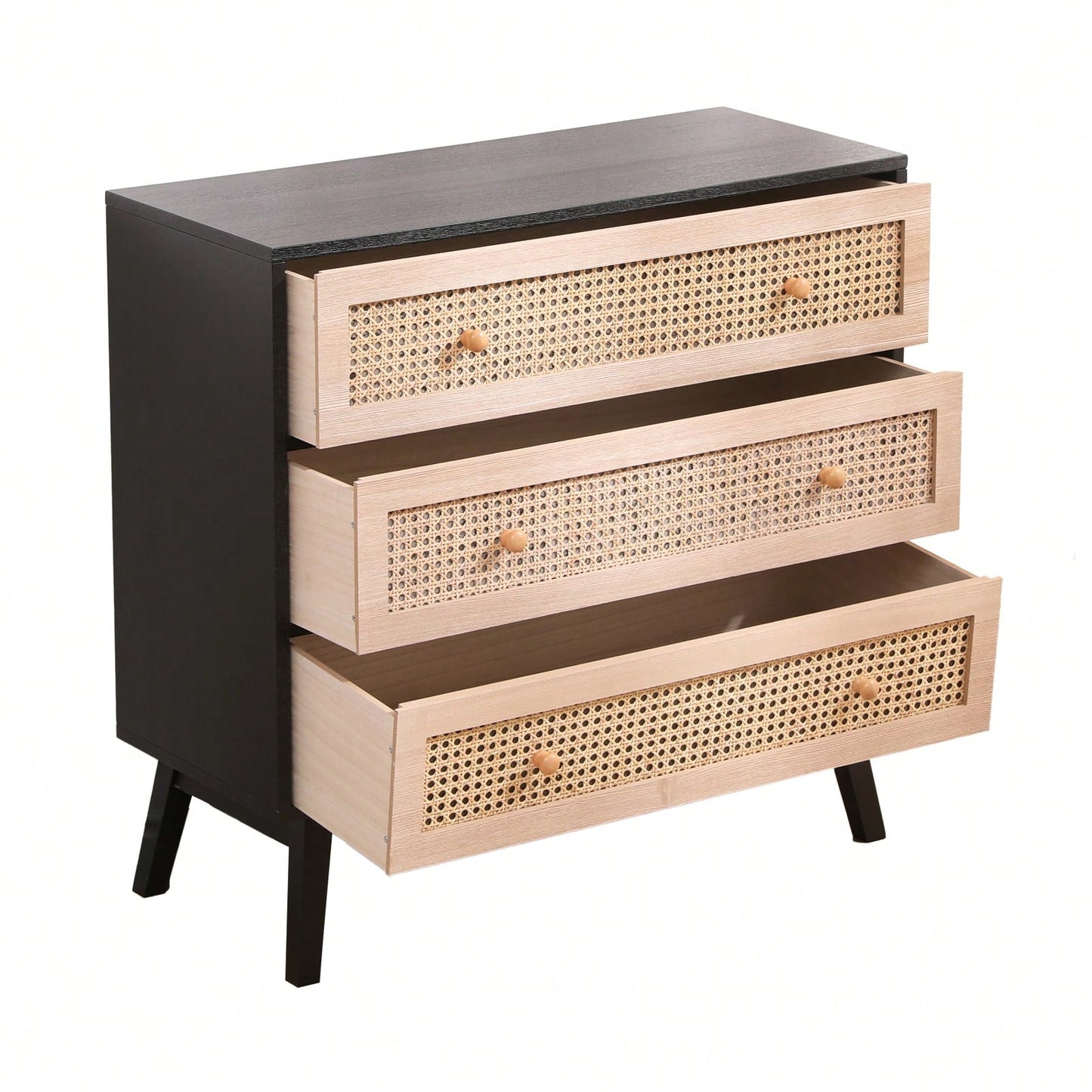 31.5 Inch Rattan Storage Cabinet with 3 Drawers Stylish Wood Accent Table for Bedroom Living Room Hallway