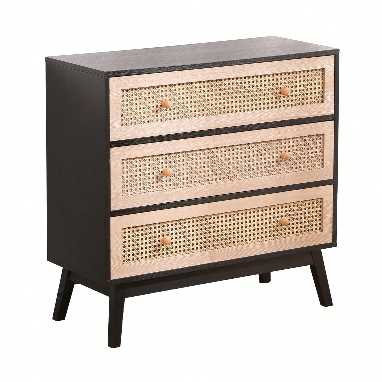 31.5 Inch Rattan Storage Cabinet with 3 Drawers Stylish Wood Accent Table for Bedroom Living Room Hallway