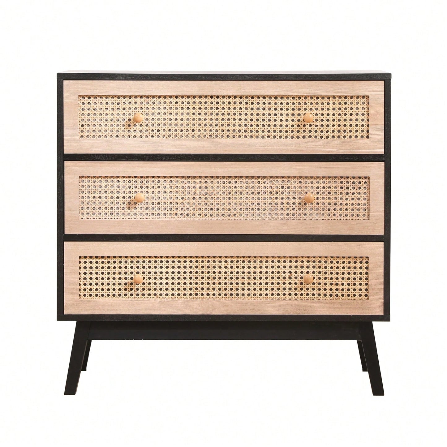 31.5 Inch Rattan Storage Cabinet with 3 Drawers Stylish Wood Accent Table for Bedroom Living Room Hallway