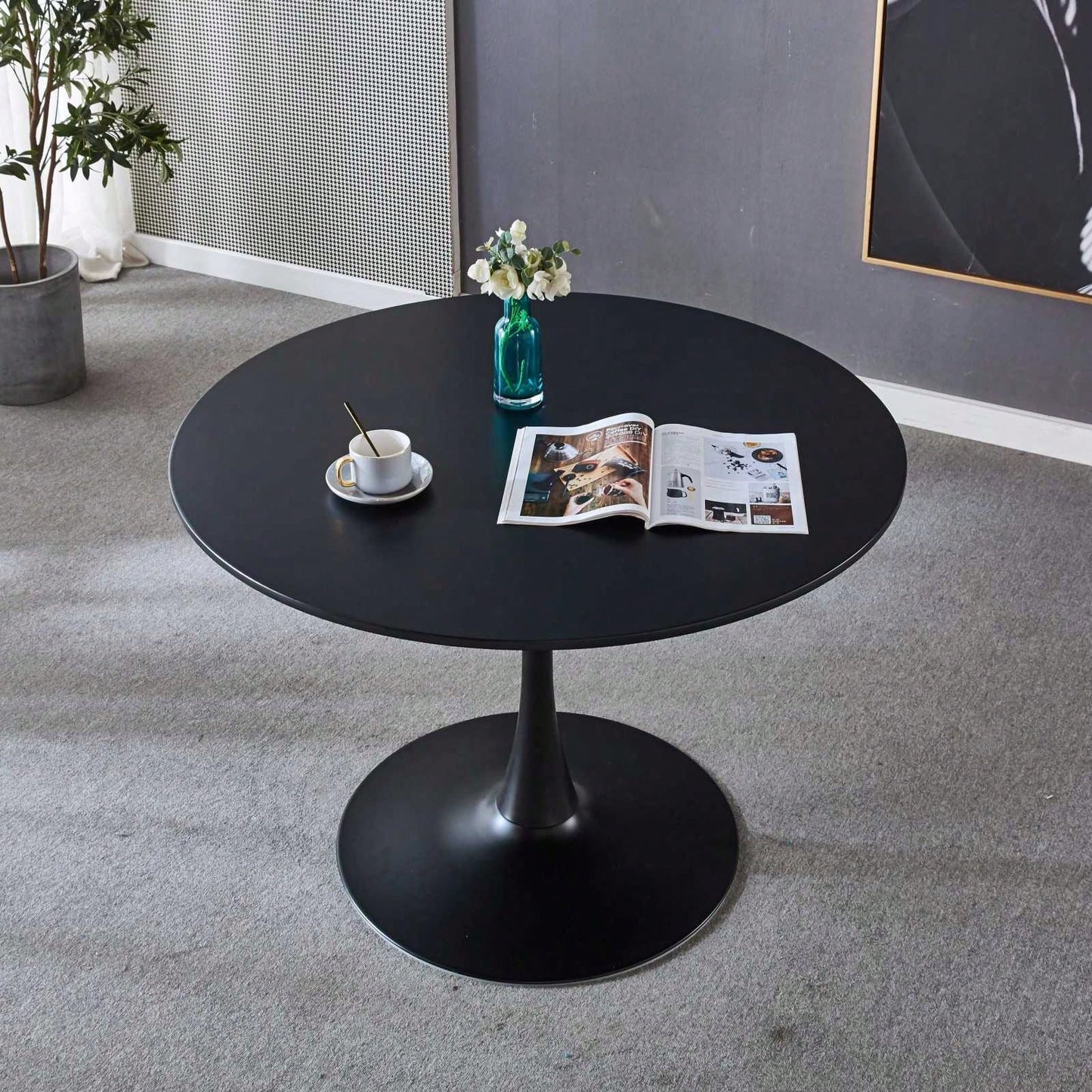 Mid-Century Modern 42 Inch Black Tulip Round Dining Table with Metal Legs for Kitchen and Dining Room