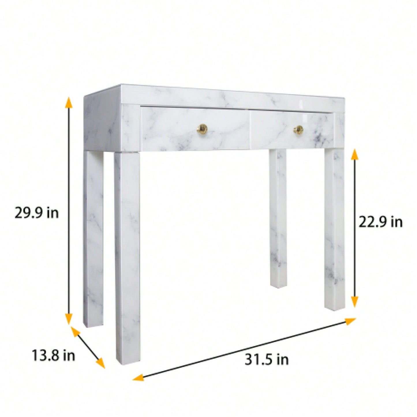Luxury Marble Makeup Vanity Table with Gold Handles and 2 Drawers 30 Inch Adjustable Footnails for Bedroom Living Room