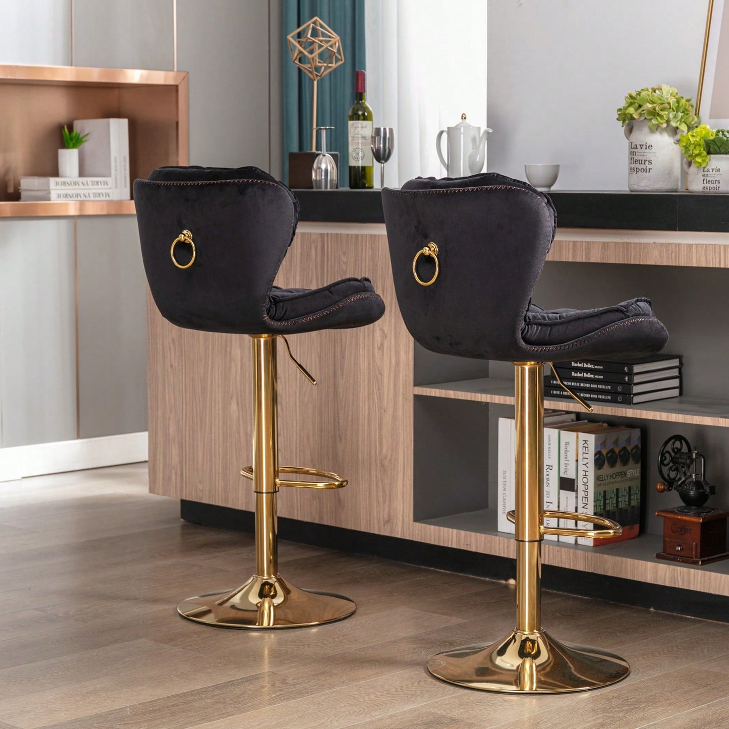 Set Of 2 Velvet Bar Stools - Adjustable Height Swivel Counter Stools With Chrome Footrest & Golden Base