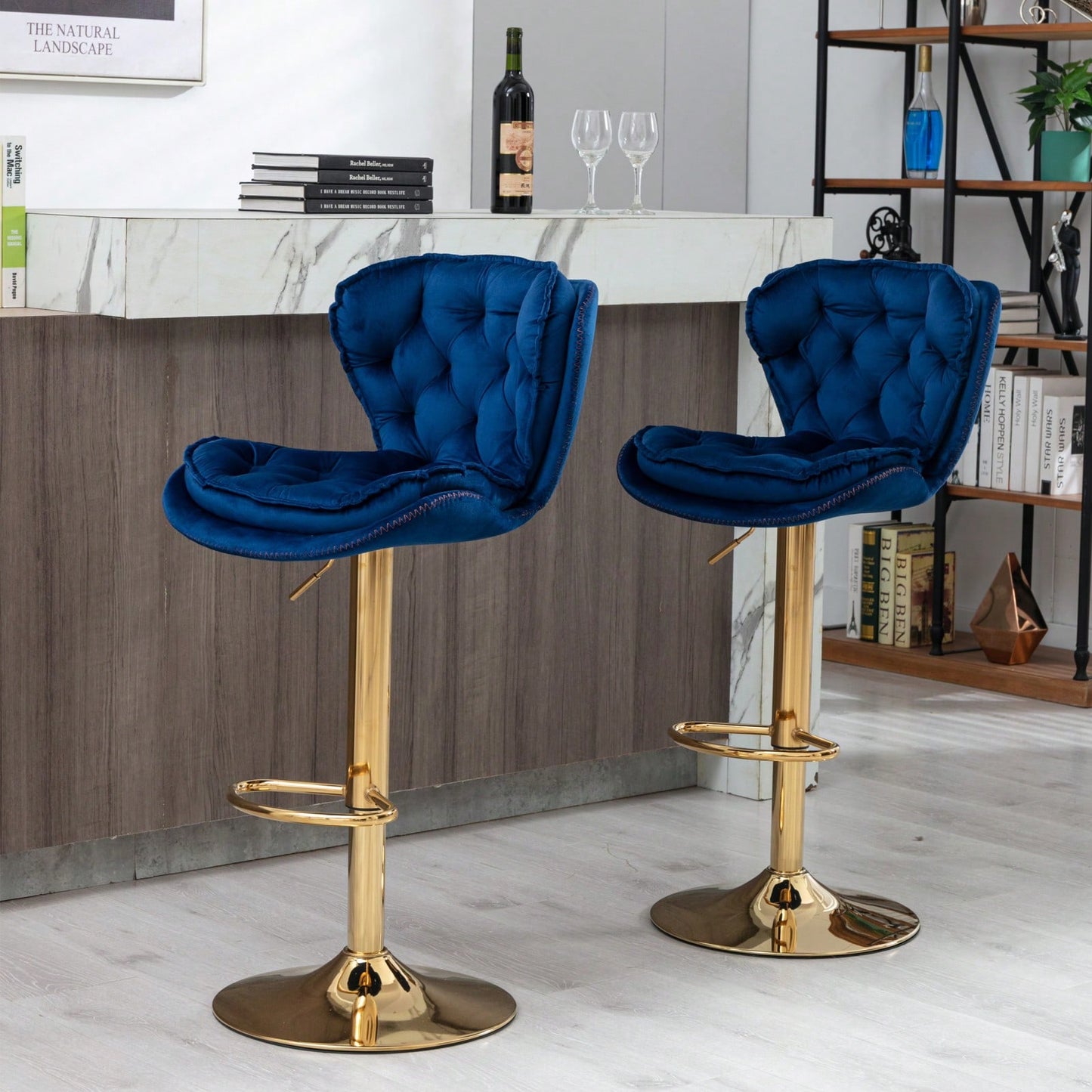 Set Of 2 Velvet Bar Stools - Adjustable Height Swivel Counter Stools With Chrome Footrest & Golden Base