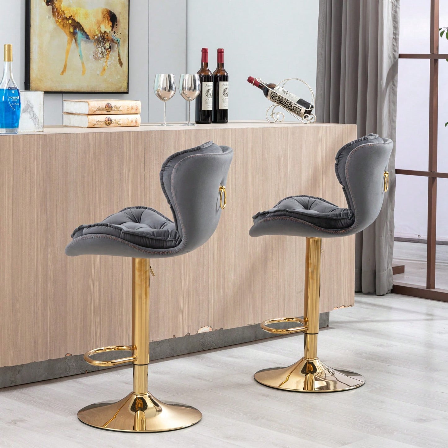 Set Of 2 Velvet Bar Stools - Adjustable Height Swivel Counter Stools With Chrome Footrest & Golden Base