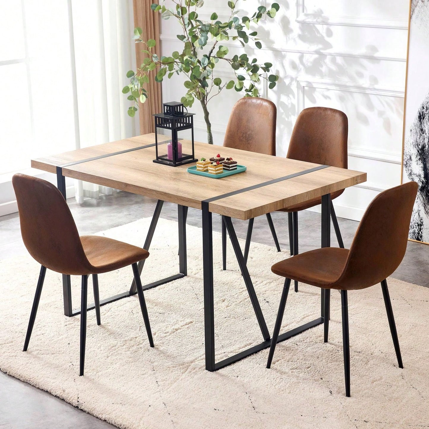 Modern Farmhouse Dining Chairs Set of 4 Upholstered Linen Fabric Side Chairs with Soft Cushions and Black Metal Legs for Kitchen and Lounge
