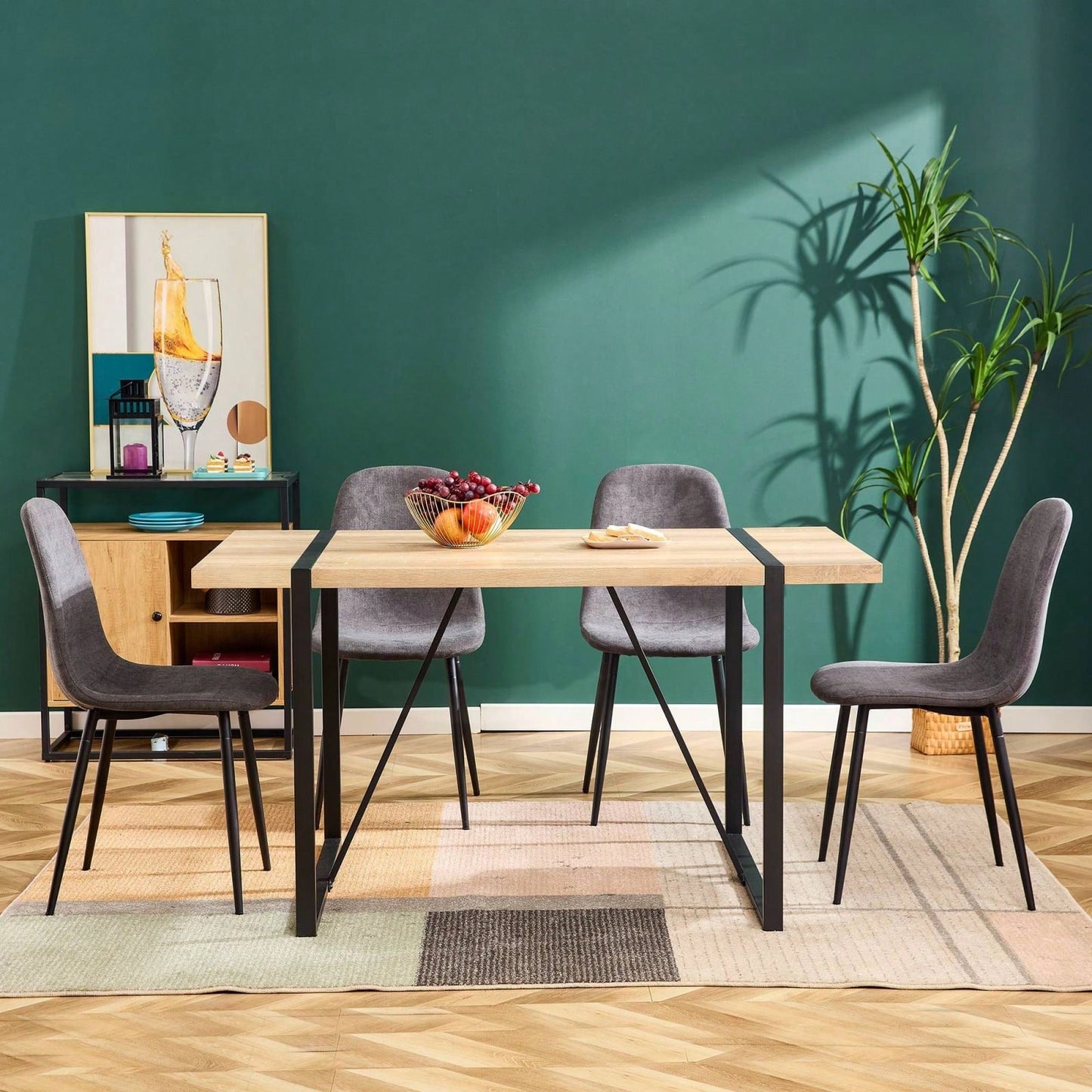 Modern Farmhouse Dining Chairs Set of 4 Upholstered Linen Fabric Side Chairs with Soft Cushions and Black Metal Legs for Kitchen and Lounge