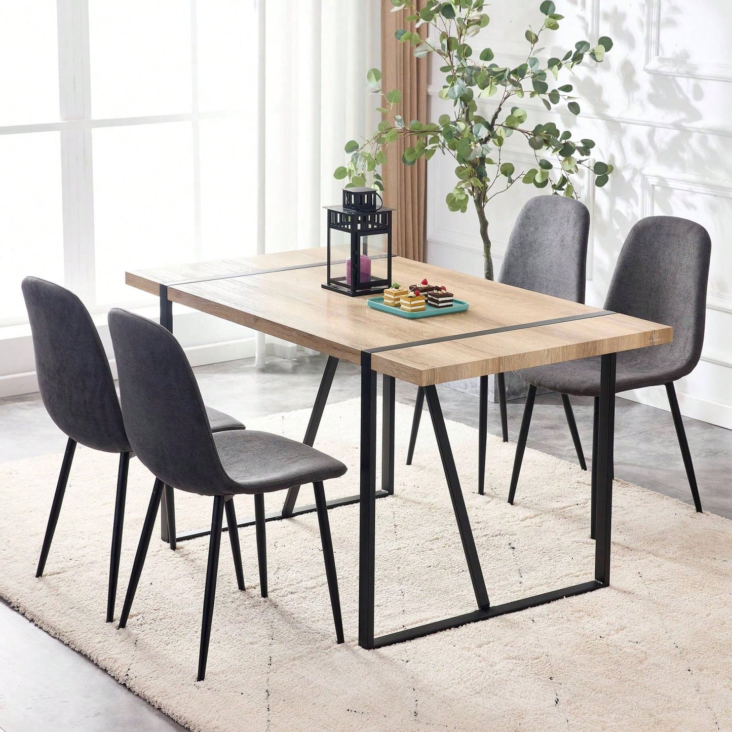Modern Farmhouse Dining Chairs Set of 4 Upholstered Linen Fabric Side Chairs with Soft Cushions and Black Metal Legs for Kitchen and Lounge