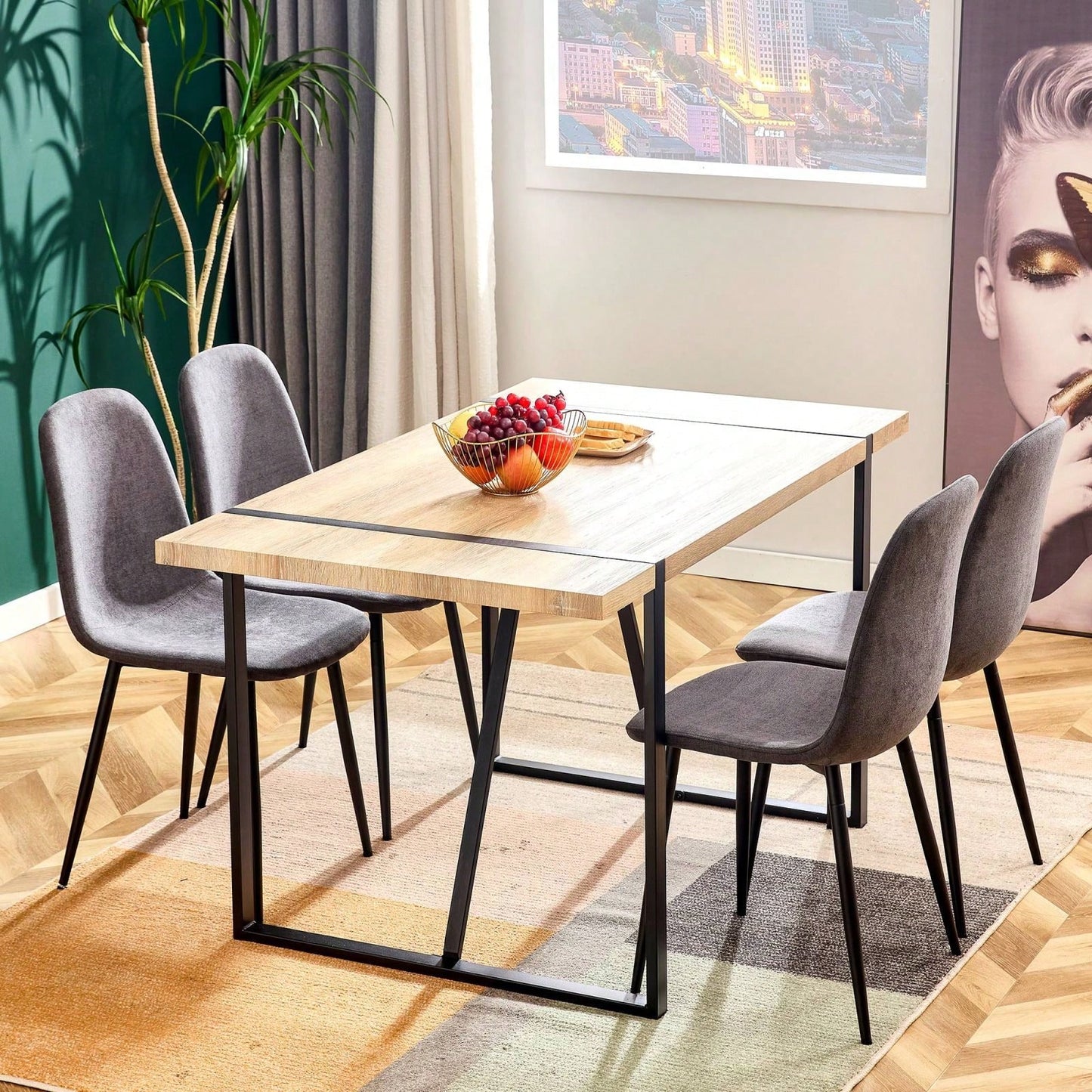 Modern Farmhouse Dining Chairs Set of 4 Upholstered Linen Fabric Side Chairs with Soft Cushions and Black Metal Legs for Kitchen and Lounge