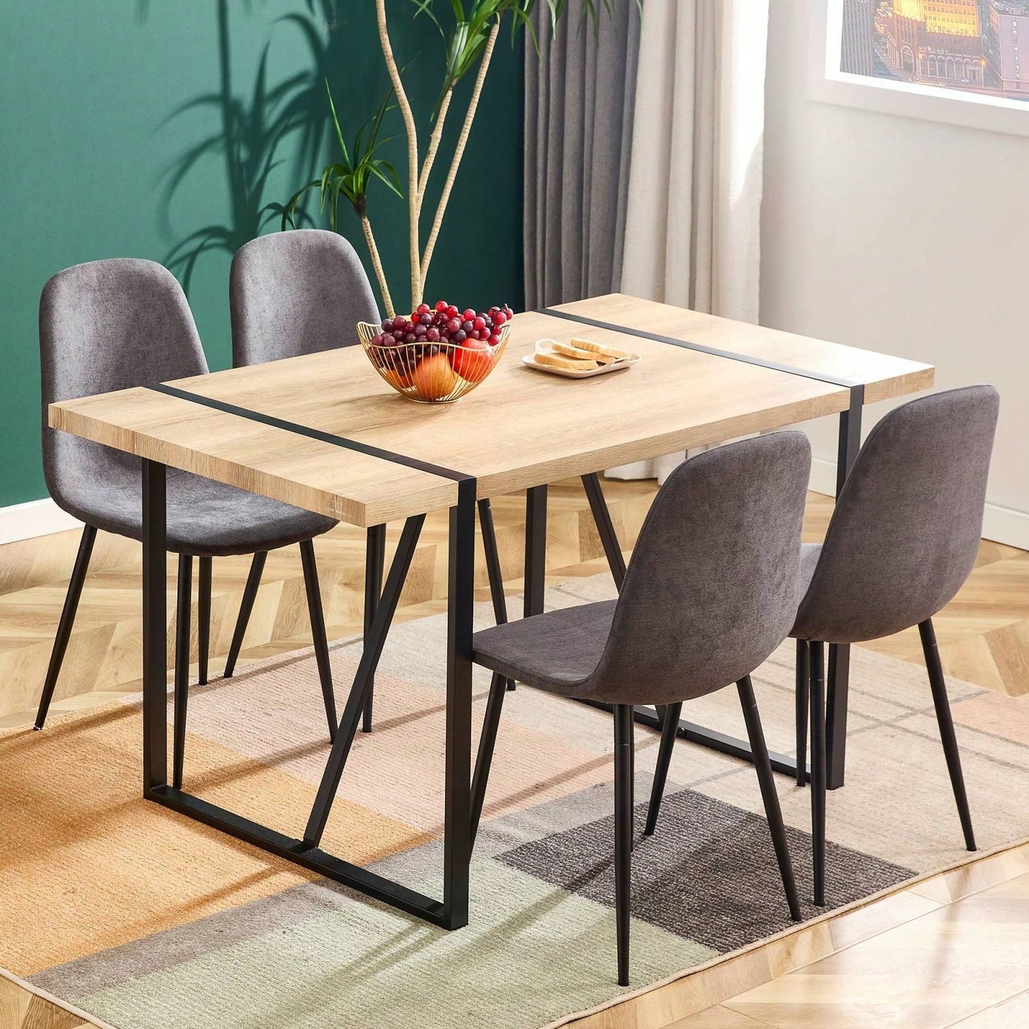 Modern Farmhouse Dining Chairs Set of 4 Upholstered Linen Fabric Side Chairs with Soft Cushions and Black Metal Legs for Kitchen and Lounge
