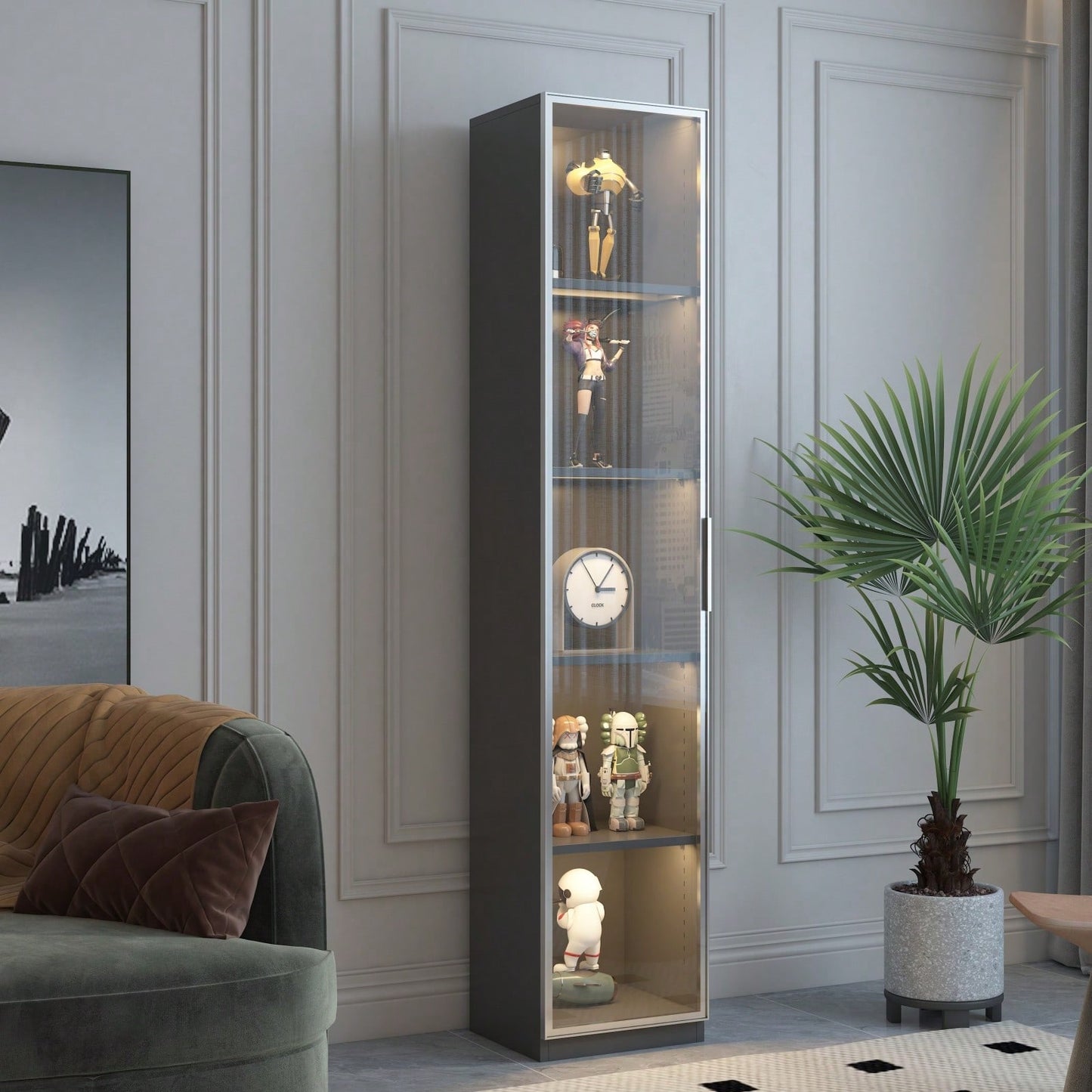 Modern LED Display Cabinet with Adjustable Shelves Single Door Glass Showcase for Living Room Bedroom Office
