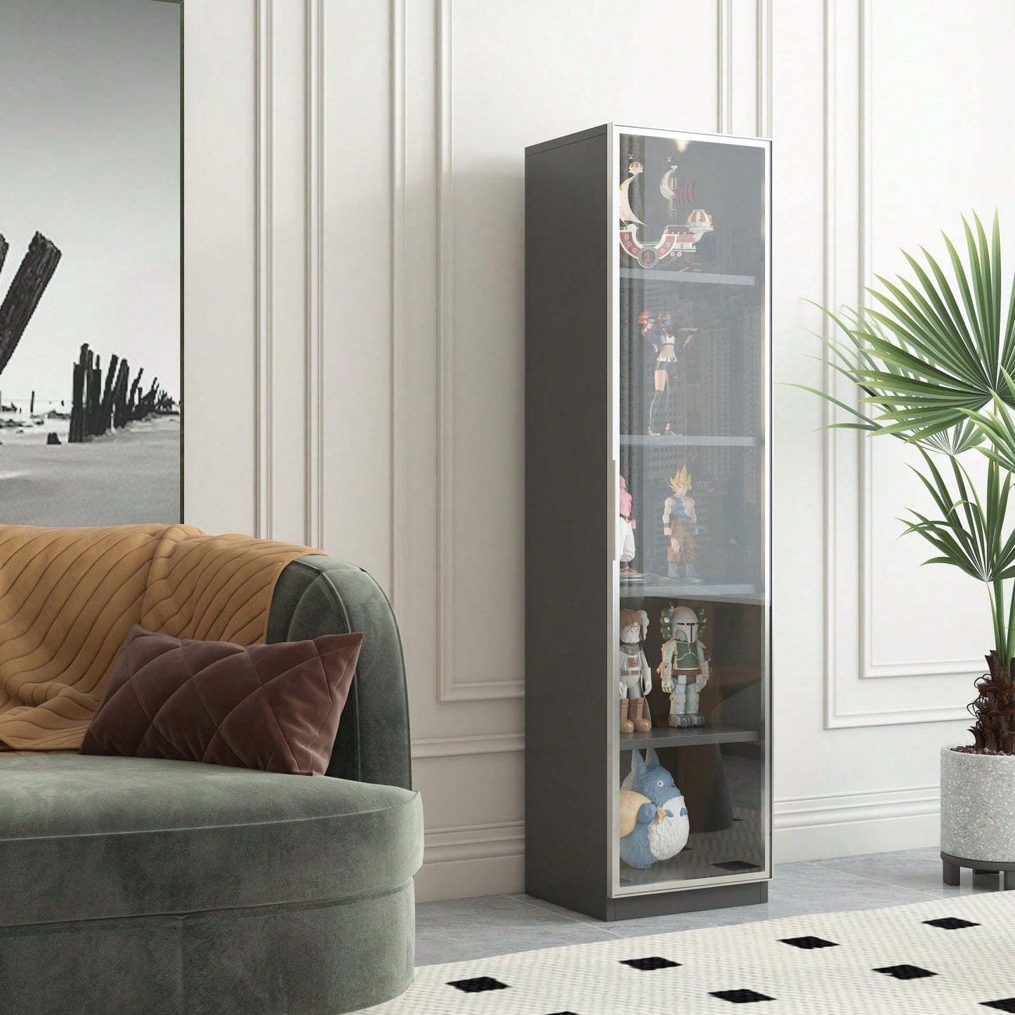 Modern LED Display Cabinet with Adjustable Shelves Single Door Glass Showcase for Living Room Bedroom Office