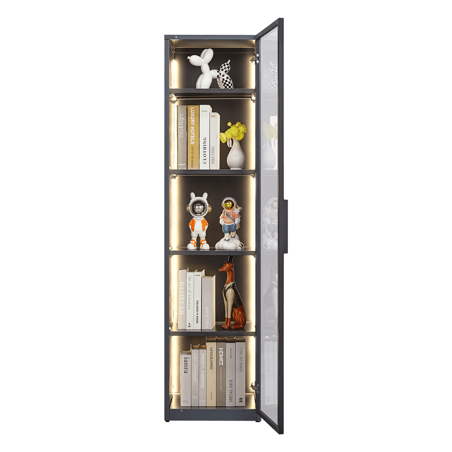 Modern LED Display Cabinet with Adjustable Shelves Single Door Glass Showcase for Living Room Bedroom Office