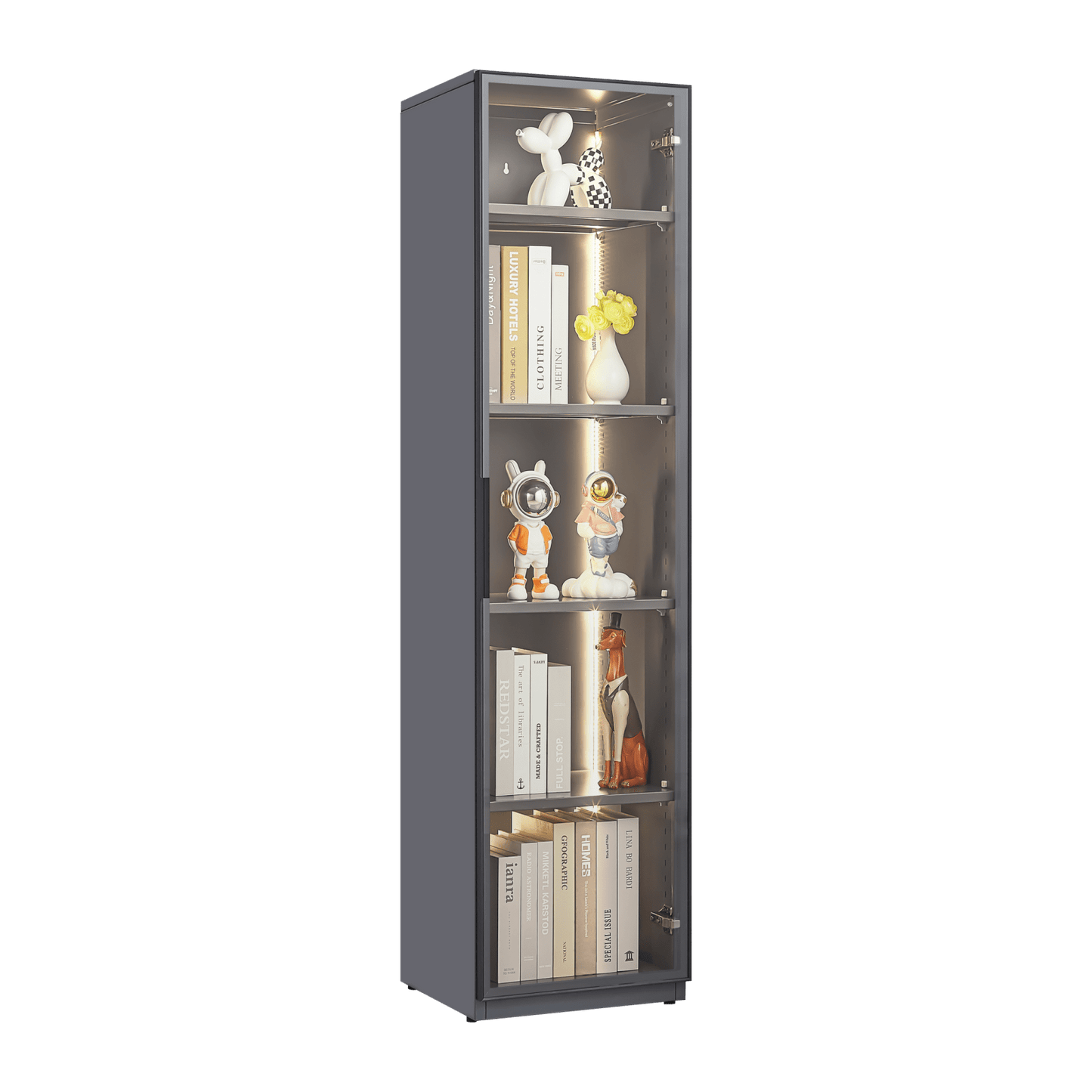 Modern LED Display Cabinet with Adjustable Shelves Single Door Glass Showcase for Living Room Bedroom Office