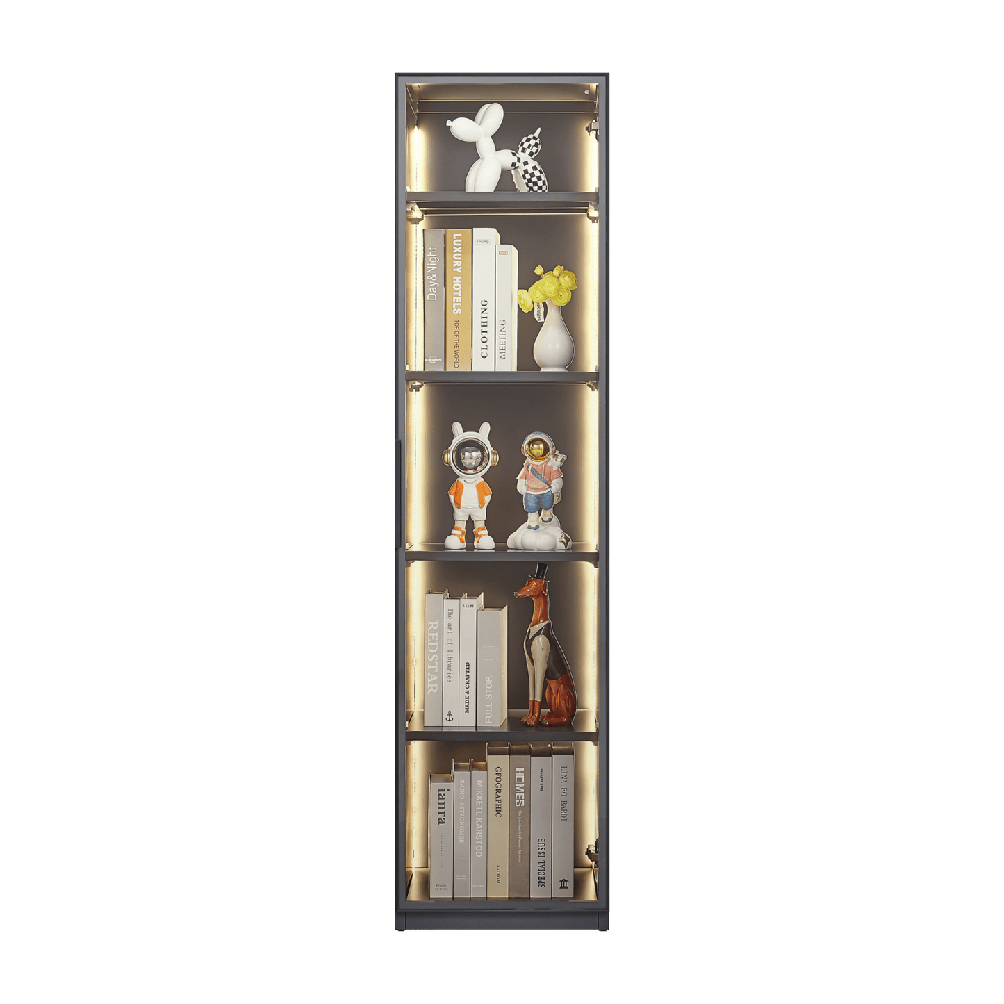 Modern LED Display Cabinet with Adjustable Shelves Single Door Glass Showcase for Living Room Bedroom Office
