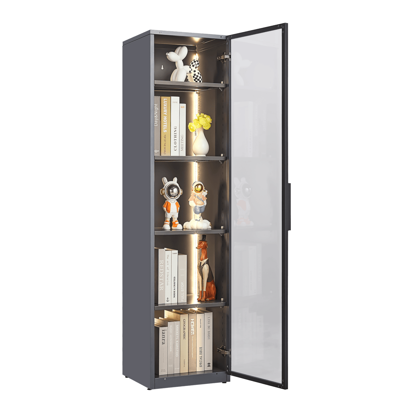 Modern LED Display Cabinet with Adjustable Shelves Single Door Glass Showcase for Living Room Bedroom Office