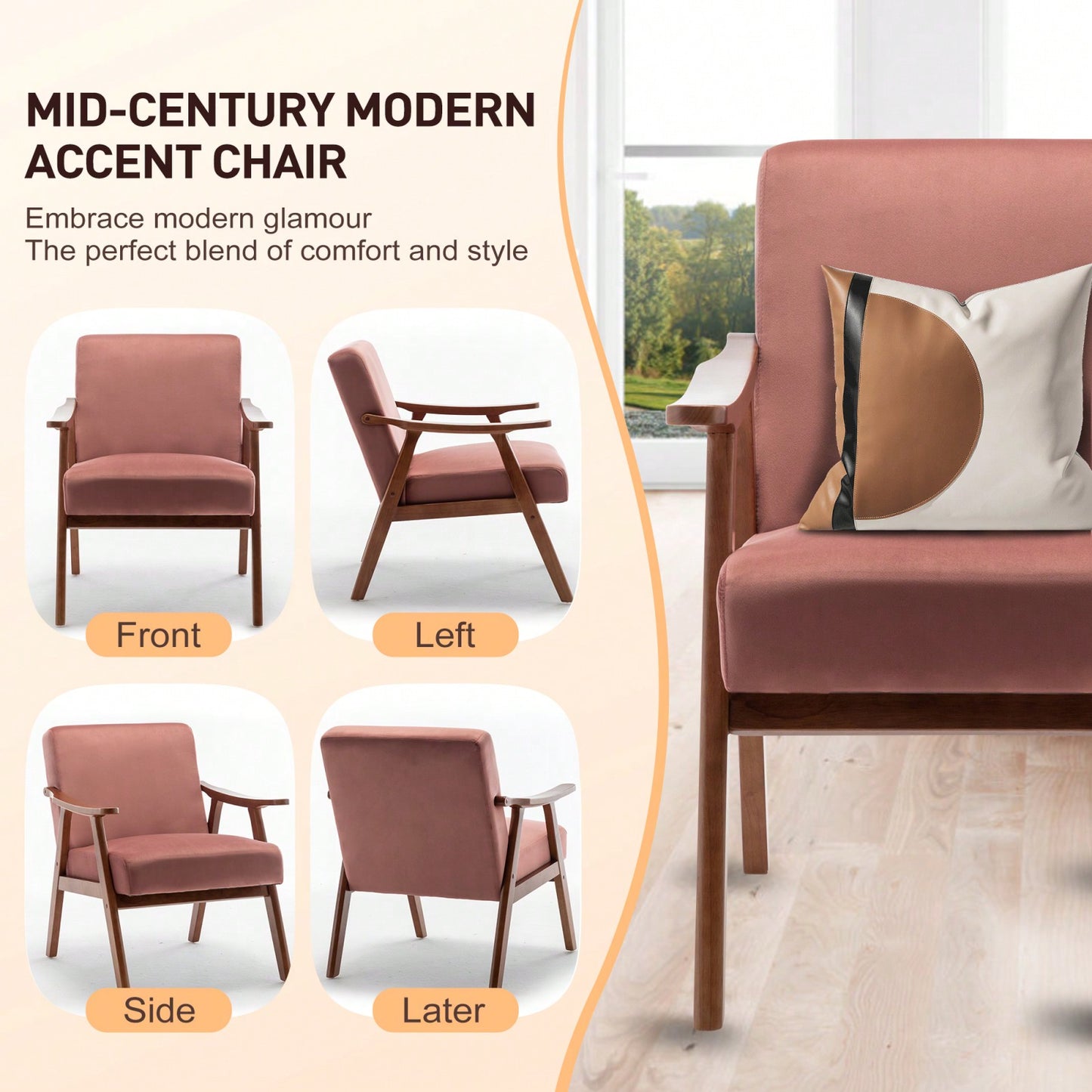 Mid-Century Modern Wingback Chair with Thick Cushioning and Solid Wood Frame for Living Room Bedroom Lounge Supports 300 Lbs