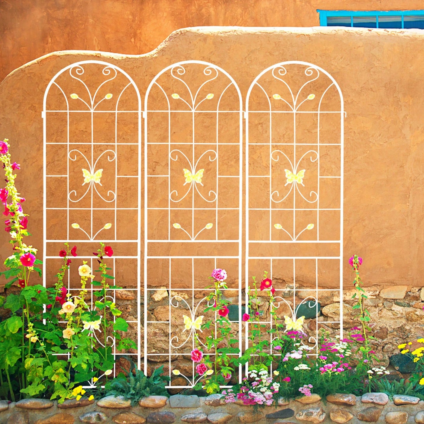 87 Inch Metal Garden Trellis 2 Pack Rustproof Support for Climbing Vines Extendable Design Cream White