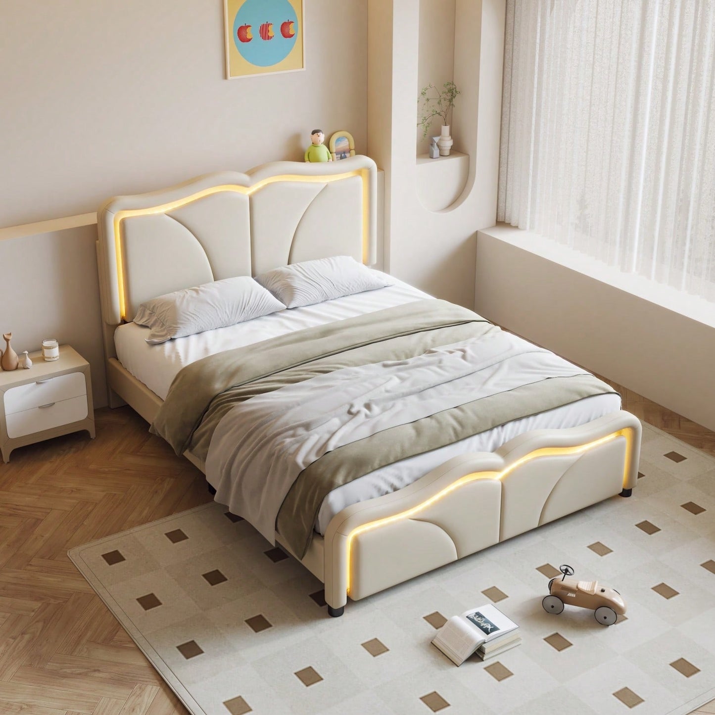 Full Size Platform Bed With Adjustable Headboard, LED Light Strip, Upholstered, No Box Spring Needed