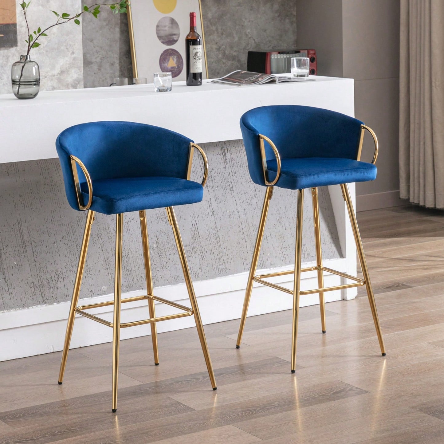 26 Inch Set Of 2 Bar Stools,With Chrome Footrest And Base Velvet + Golden Leg Simple Bar Stool
