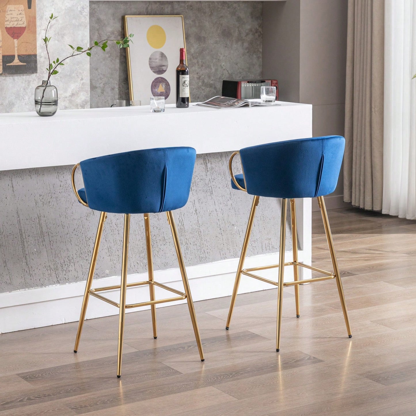 26 Inch Set Of 2 Bar Stools,With Chrome Footrest And Base Velvet + Golden Leg Simple Bar Stool