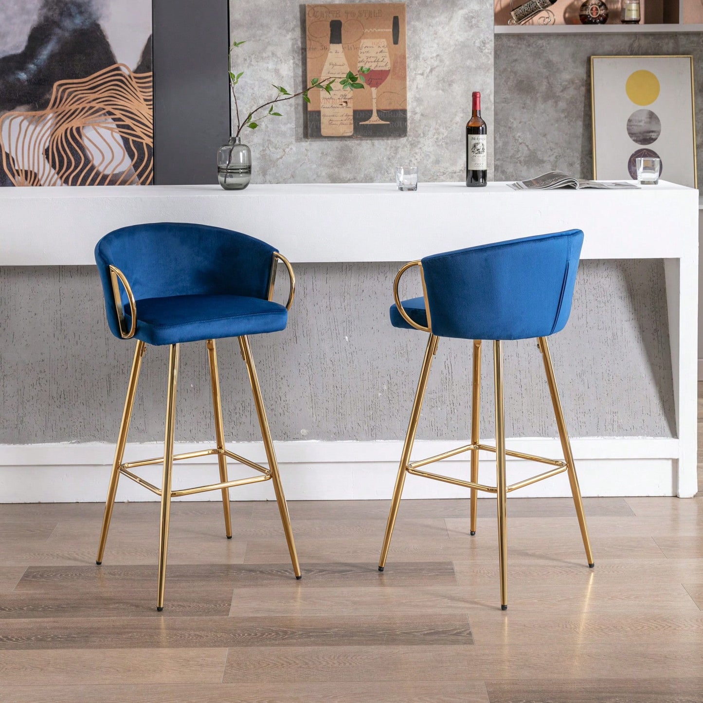 26 Inch Set Of 2 Bar Stools,With Chrome Footrest And Base Velvet + Golden Leg Simple Bar Stool
