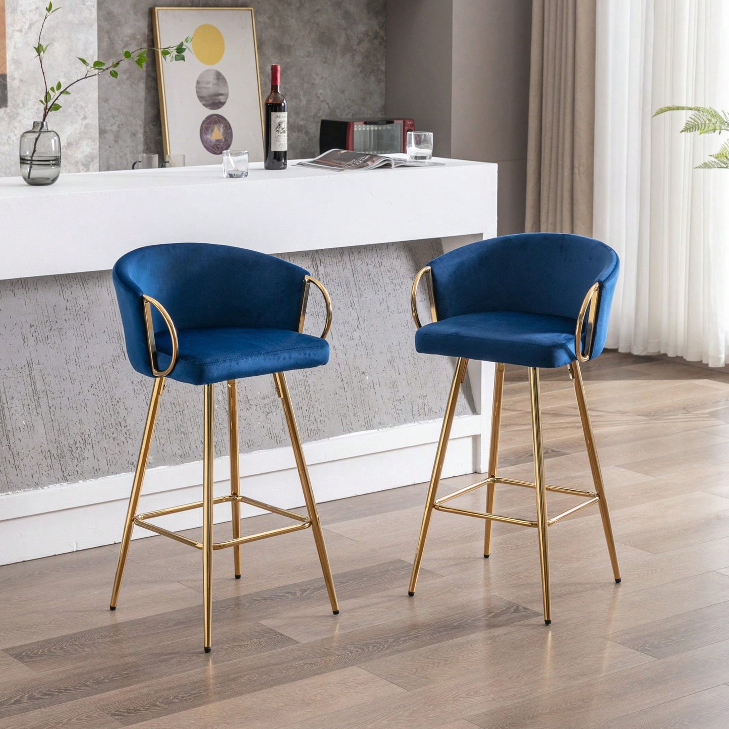 26 Inch Set Of 2 Bar Stools,With Chrome Footrest And Base Velvet + Golden Leg Simple Bar Stool